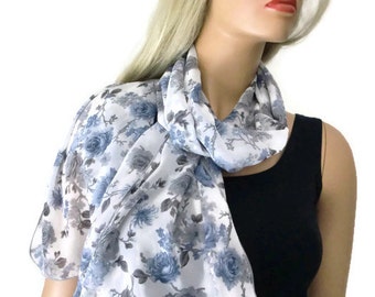 French roses extra Long chiffon scarf- Blue and white Parisian Neck Tissu