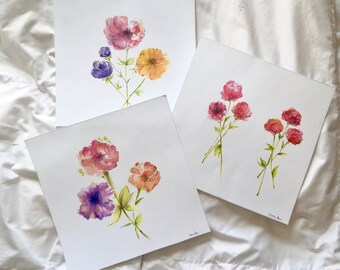 Set of 3 Sunset toned watercolor floral stems
