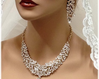 Wedding jewelry , Bridal bib necklace , vintage inspired necklace, rhinestone bridal statement necklace earrings set