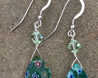 Green Millefiori Glass Earrings
