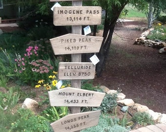 Rustic trail signs, peak signs, Colorado 14ers, weathered, patina, summit