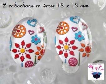 2 glass cabochons 18mm x 13mm theme little birds in the Meadow