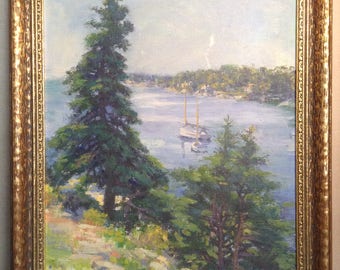Vintage oil painting on board - landscape with sailboats in old gilded frame