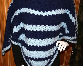 Poncho Crocheted Light and Dark Blue Coverup Shawl Wrap