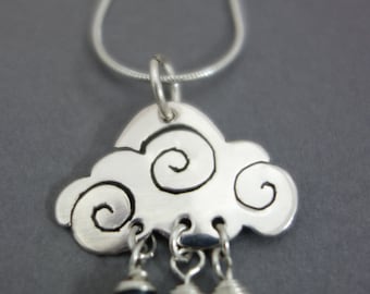 Cloud necklace, silver cloud necklace, rain cloud necklace , cloud and raindrops, weather necklace, cloud pendant