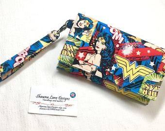 Wonder Woman cell phone wallet, wristlet, DC Comics novelty fabric, Women's Wallet with strap, mobile phone accessory