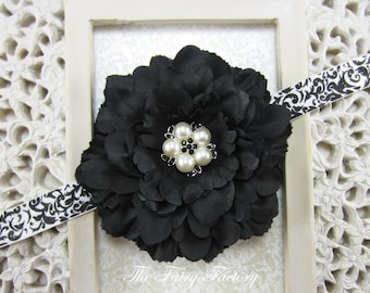 Black Flower Headband, Flower w/ Pearl & Crystal Center Black and White Damask Headband or Hair Clip, The Eva, Newborn Baby Girls Headband