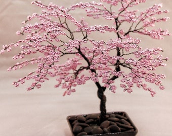 Pink Beaded Bonsai Wire Tree Sculpture