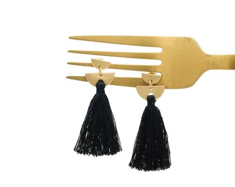 Tassel Earrings, Threaded Tassel Earrings, Black Tassel Earrings, Geometric Earrings, Gold Earrings, Statement Earrings