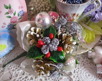 Vintage Spun Cotton and Chenille Corsage Pick-Pin-Tinsel-Pine cones-Glass Balls