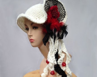Unique designer hat white hat art to wear creative crochet hat for women statement freeform hat millinery cloche bucket dressy winter hat
