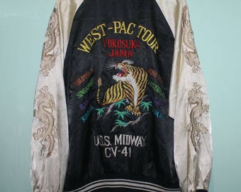 Vintage Sukajan Ouest Pac Tour Yokosuka Japon tigre Dragon Emroidery Bomber Jacket