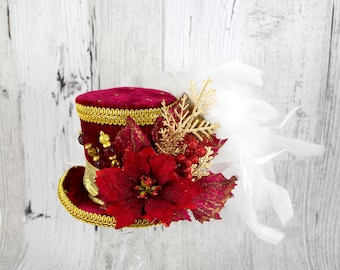 Red, Gold, and White Poinsettia Medium Mini Top Hat Fascinator, Alice in Wonderland, Mad Hatter Tea Party, Derby Hat