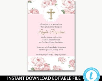 Baptism invitation girl/baptism invitation instant download girl/baptism invitations girl/pink gold/Editable template/download-Layla 4x6