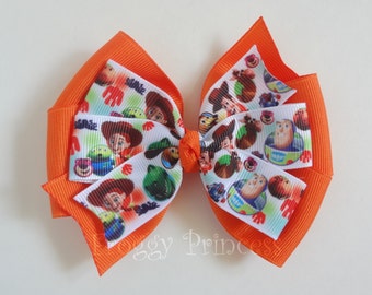 Toy Cowboy Bow - Spaceman Story Pinwheel Style Hair Bow - No Slip Velvet Grip Hair Clip