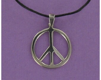Large PEACE SIGN Necklace - 925 Sterling Silver on Black Cord with Design-it-Yourself Gift Card