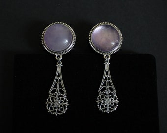 wood and silver metal plugs with pendent and gemmes opalite, aventurine, amethyst, rose quartz, red agate, lapis lazuli