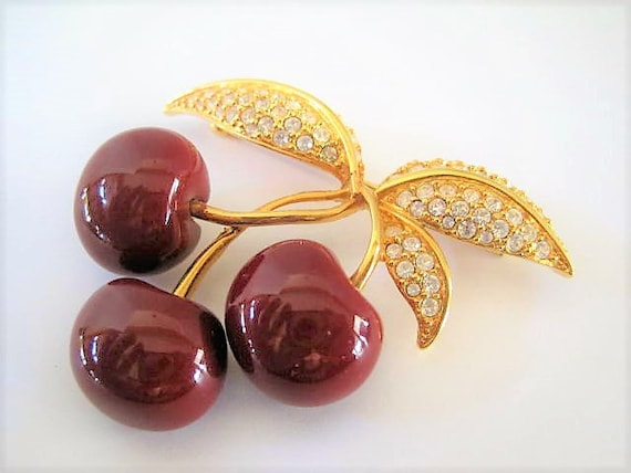 Joan Rivers Brooch, Red Cherry, Vintage Rhinestones, Retired Signed Pin