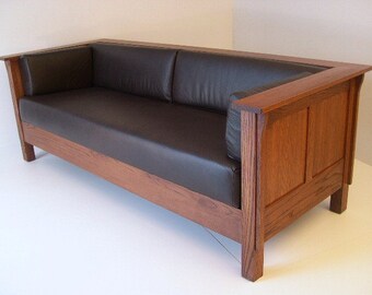 Mission Arts and Crafts Stickley Style Prairie Panel Leather Settle Sofa
