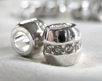 6 Silver Spacer large hole Accent Bead, with Clear Crystal Rhinestone Band, 10mm x 10mm, hole measures 5mm across, package of 6