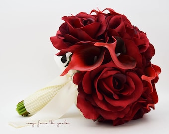 Deep Red Silk Roses Deep Red Calla Lilies Bridal Bouquet Groom's Boutonniere With Pearl Accents