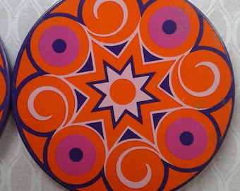 4 Vintage coasters, 60s, metal, purple, orange, pink