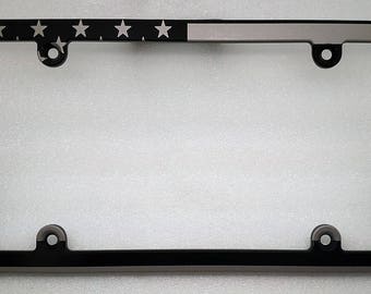 American Flag, Billet Aluminum License Plate Frame, Black Anodized Frame, Slim Line