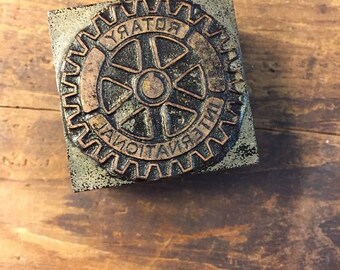 Vintage Letterpress Stamp Wood Metal Block Rotary International 1.5 Inch Square