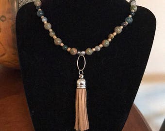 Beaded tassel necklace in earth tones