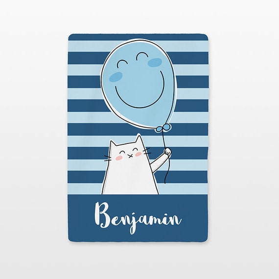 Balloon Cat Baby Blanket Personalized Name Custom Baby Boy Girl Throw Plush Minky Soft Fleece Kids New Baby Gift Idea Cute Navy Light Blue