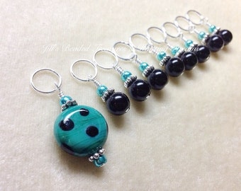 Teal Stitch Marker Set, Polka Dots, Snag Free Beaded Knitting Stitch Markers, Gift for Knitters
