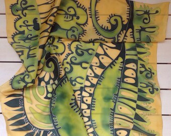 Green, unique silk scarf . Hand painted green and beige silk scarf. Made to order!