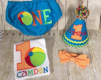 Boys Cake Smash Outfit - Beach Ball Party - Have a Ball- Diaper Cover, Bow Tie & Birthday Hat Shirt - Birthday Outfit First 1st Birthday
