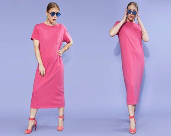 80s hot pink oversized t-shirt midi dress, size small-medium S/M