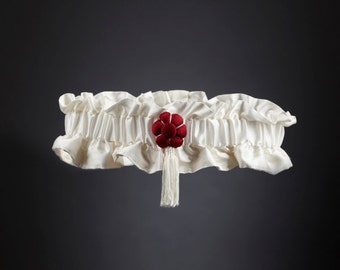 White Silk Wedding Garter "Fleurs de Cerisier" Red Silk Flower - Luxury Wedding