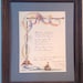 Antique framed 1914 French illustrated handwritten poem with colorful painting of sailboat and ribbon wrapped post