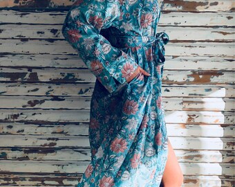 Kiyomi Green with Pink Flower Print Maxi Kimono Robe Dressing Gown, 100% Indian Cotton, Byron Bay, Mothers Day, Gift, Love