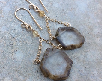 Crystal QUARTZ earrings, Quartz slice earrings, 14k gold filled earrings, Watermelon Quartz, raw Quartz Earrings, handmade earrings, artisan