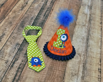 Little Monster Orange Blue Lime Party Hat and Little Guy Tie - Lil Monster First Birthday Party Cake Smash Outfit