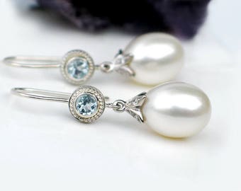 Large White Pearl Earrings | Freshwater Drop Pearl | Sky Blue Topaz Sterling Silver Dangles | Bridal Jewelry | Birthday Gift | Ready to ship
