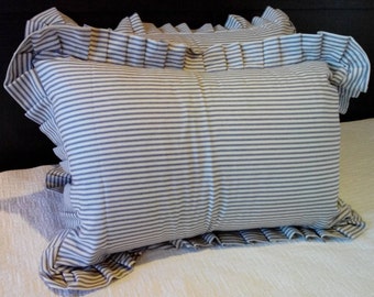 Set of 2 Standard Ticking Pillow Shams in Blue Ticking Pillow Shams with Envelope Closure Ruffled Pillow Shams Country Chic