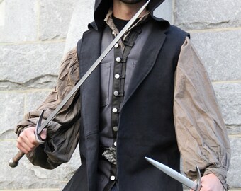 Hooded Vest - Black Vest - Denim Vest - Medeival Vest - Renaissance Vest