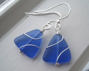 Cobalt Blue Earrings - Cultured Sea Glass Earrings - Royal Blue Jewelry - Wire Wrapped Jewelry - Triangle Earrings - Recycled Glass Earring