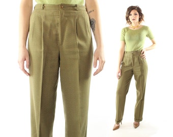 Vintage 80's High Waisted Trousers Cuffed Pleated Pants Menswear Striped Olive Green 1980s Medium M