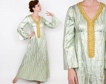 70s Metallic Maxi Dress | Turquoise Gold Metallic Brocade | Medium