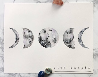 Original Moon Phases, Watercolor Painting, Wall Art