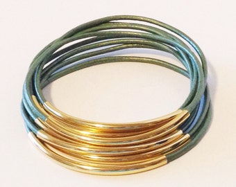 Ocean Green Leather Bangle Bracelet with Gold or Silver Tube Accents, Tube Bangles, Tube Bracelets