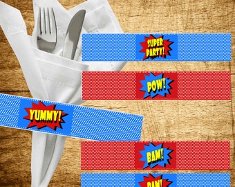 Printable Superhero Party- Superhero Birthday, Superhero Party Decorations, Superhero Party Napkin Ring- Printable Party- Comic Book Party