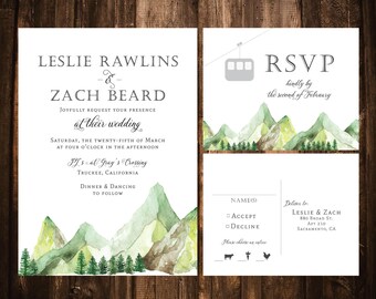 Watercolor Mountain Wedding Invitations; Printable OR set of 25