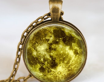 Green moon necklace, full moon necklace, moon pendant, lunar pendant, moon jewelry , space pendant